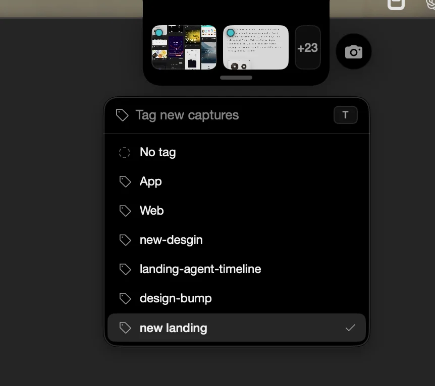 The island's tag menu, “Tag new captures”, listing No tag, App, Web, design-bump and new landing, with new landing checked.