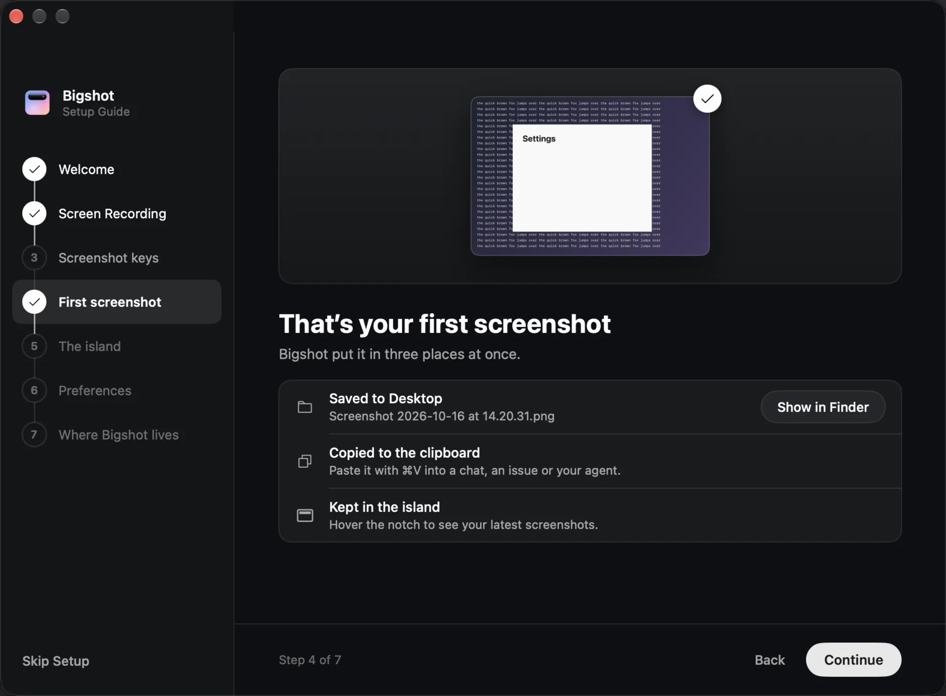 The first screenshot page after a capture: the screenshot itself, then Saved to Desktop, Copied to the clipboard, and Kept in the island.