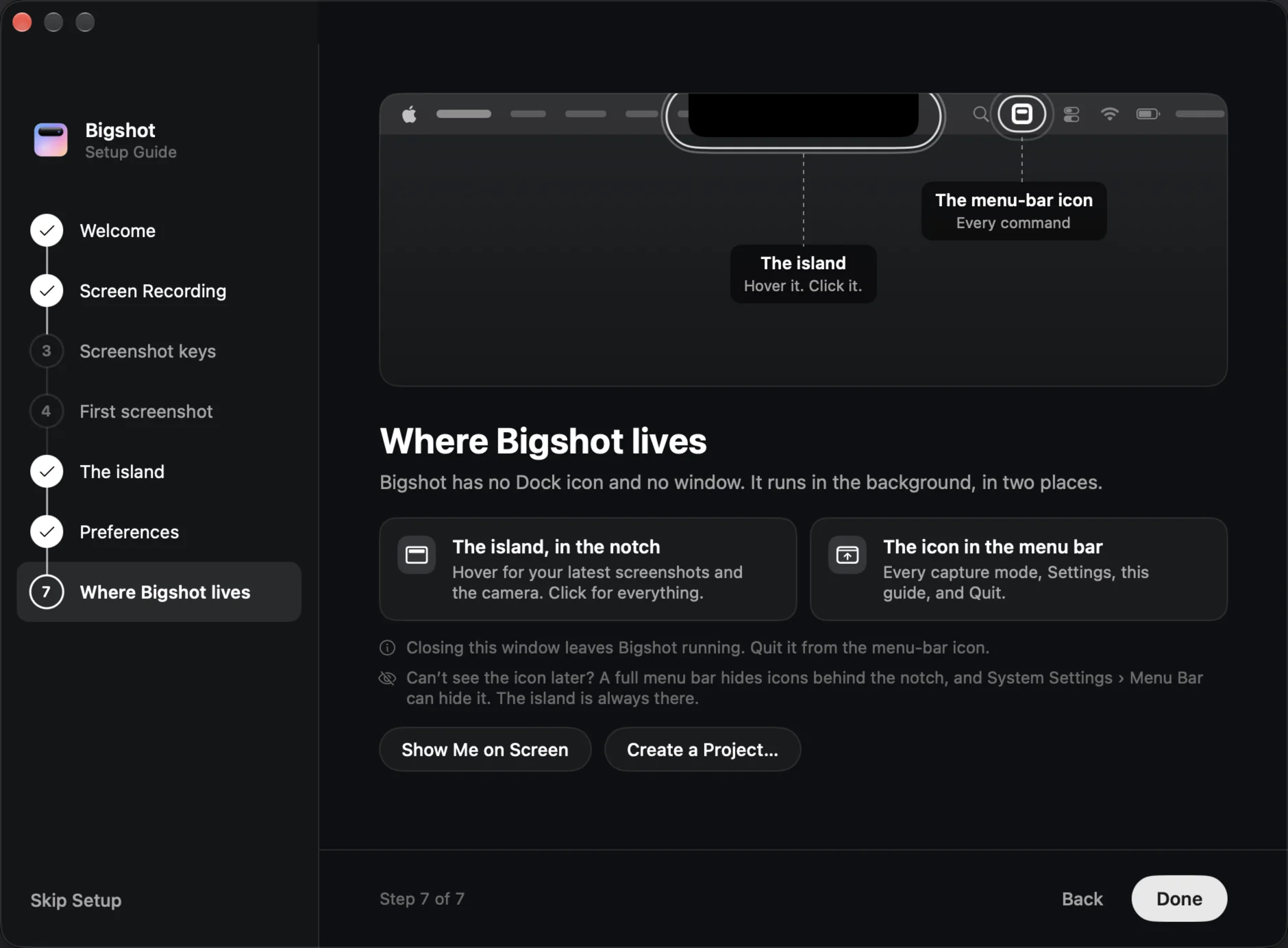 The last page of the Setup Guide, Where Bigshot lives: the top of a screen with the island in the notch and Bigshot's menu-bar icon each ringed and named.