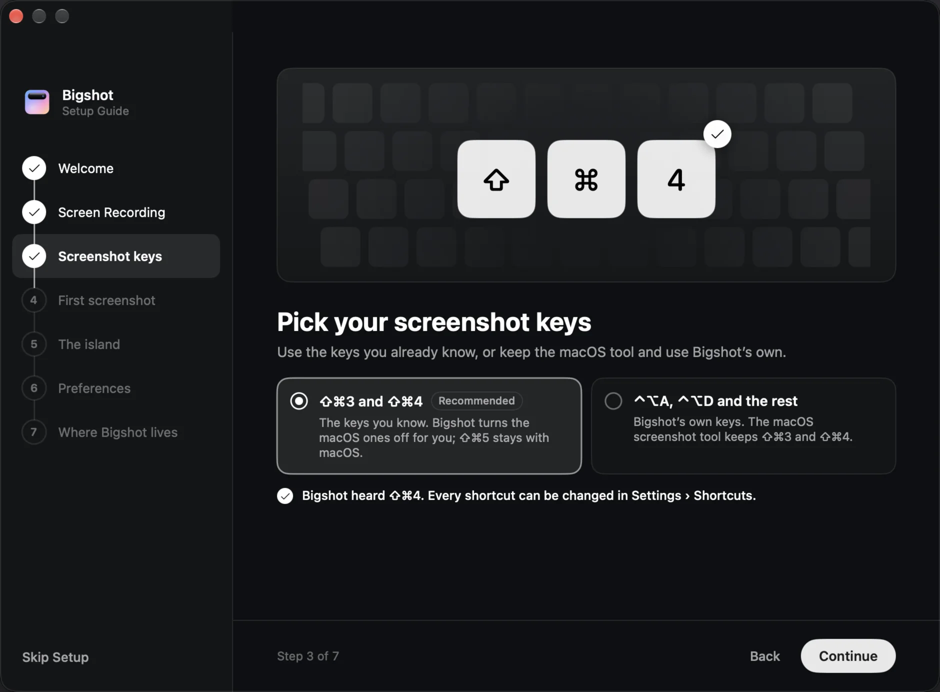 The screenshot keys page: the keys ⇧, ⌘ and 4 lit up, the choice between ⇧⌘3 and ⇧⌘4 or Bigshot's own keys, and the line Bigshot heard ⇧⌘4.