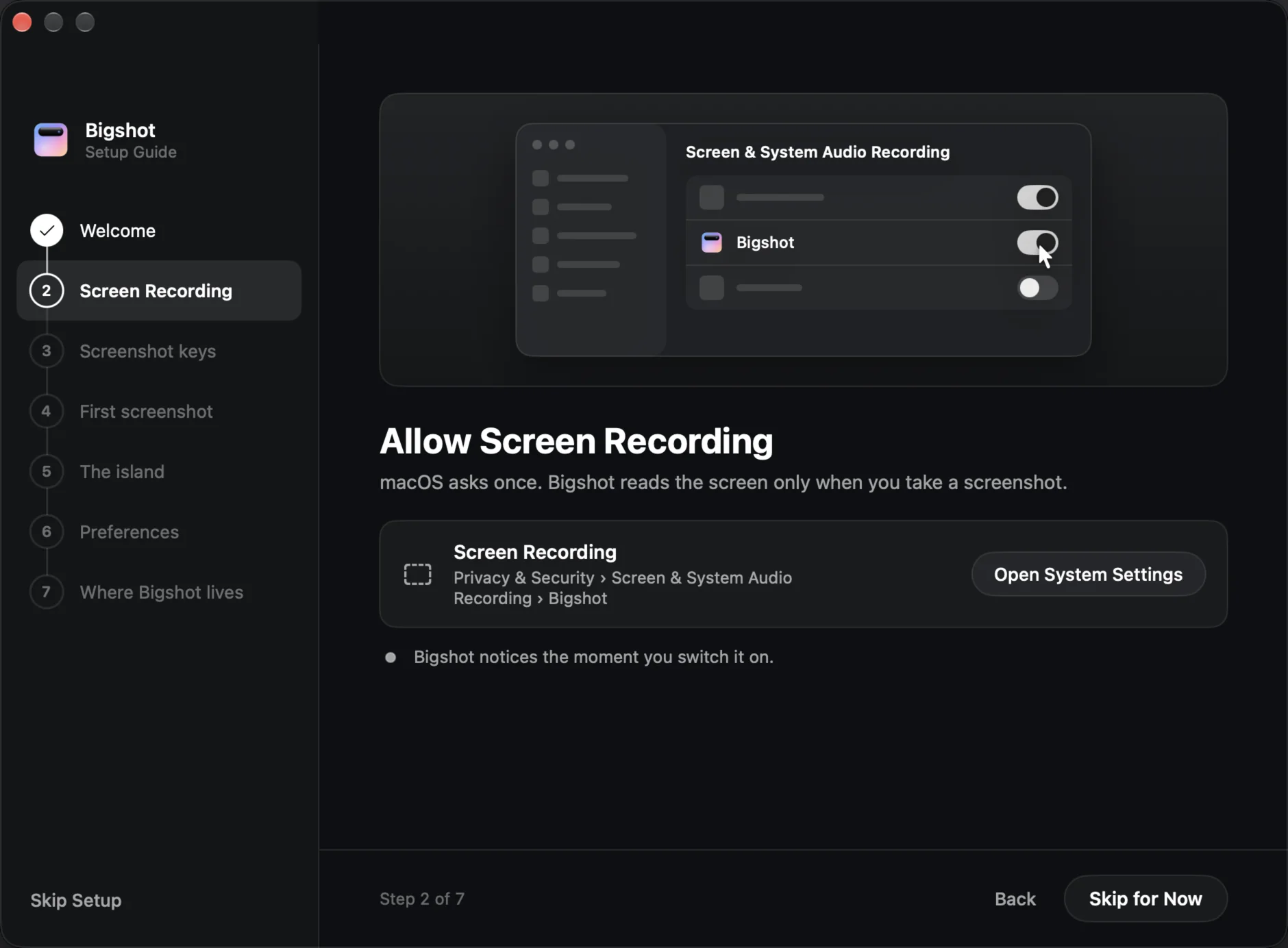 The Screen Recording page of the Setup Guide: a drawing of System Settings with Bigshot's switch being turned on, and an Open System Settings button.