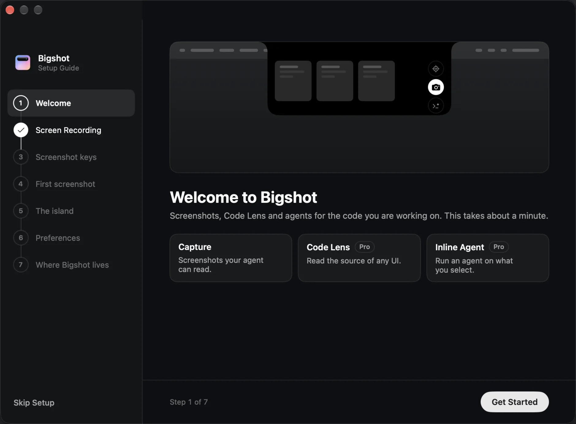 The Setup Guide's first page: seven steps down the left, the island dropping out of the notch above the heading, and Capture, Code Lens and Inline Agent below it.