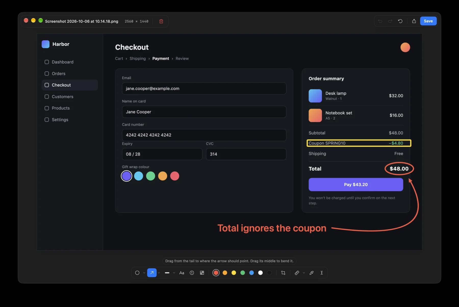 The Capture Editor on a checkout page: the total circled in red, the coupon line boxed in yellow, and an arrow from the note “Total ignores the coupon”.