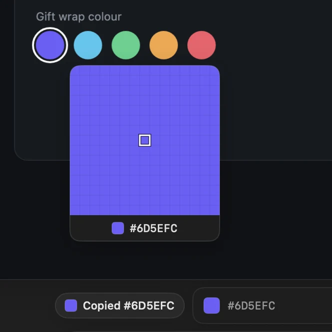 The colour picker's loupe over a purple swatch reading #6D5EFC, with Copied #6D5EFC and the last three picks below.