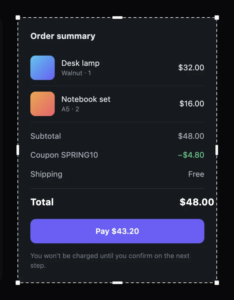 A dashed crop box with handles snapped around a checkout's order summary card.