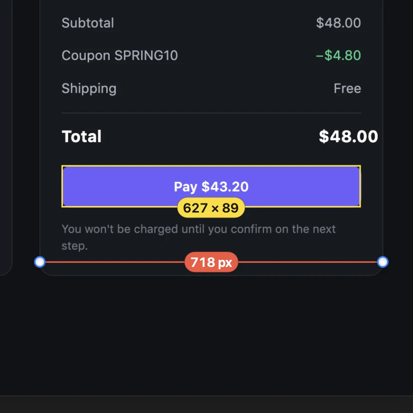 The Pay button boxed at 627 × 89 and the order summary measured at 718 px.