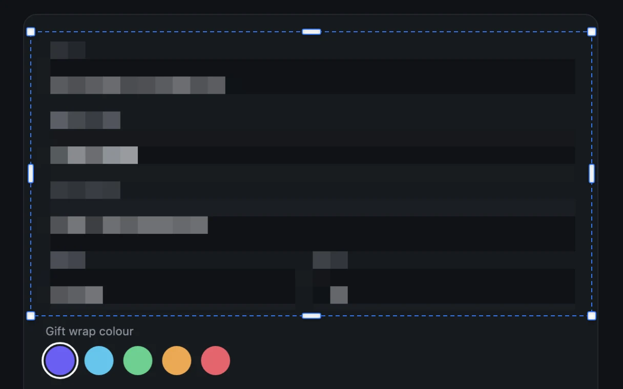 A redaction box over a checkout form, pixelating the email, name, card number, expiry and CVC.