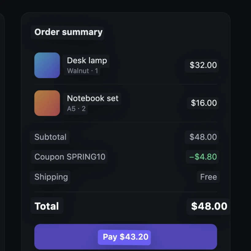 Each line of text on an order summary outlined for selection.