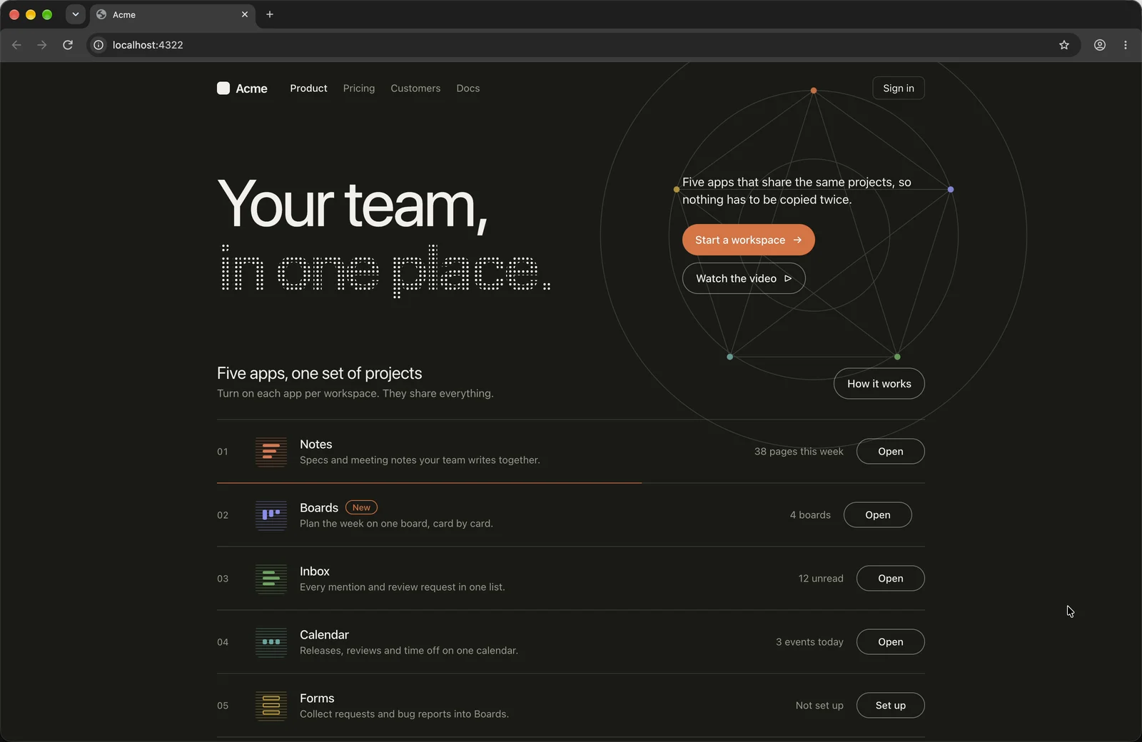 The Acme homepage after: a dark page with a large two-line title, the second line in dotted type, an orbit drawing behind two buttons, and numbered app rows.
