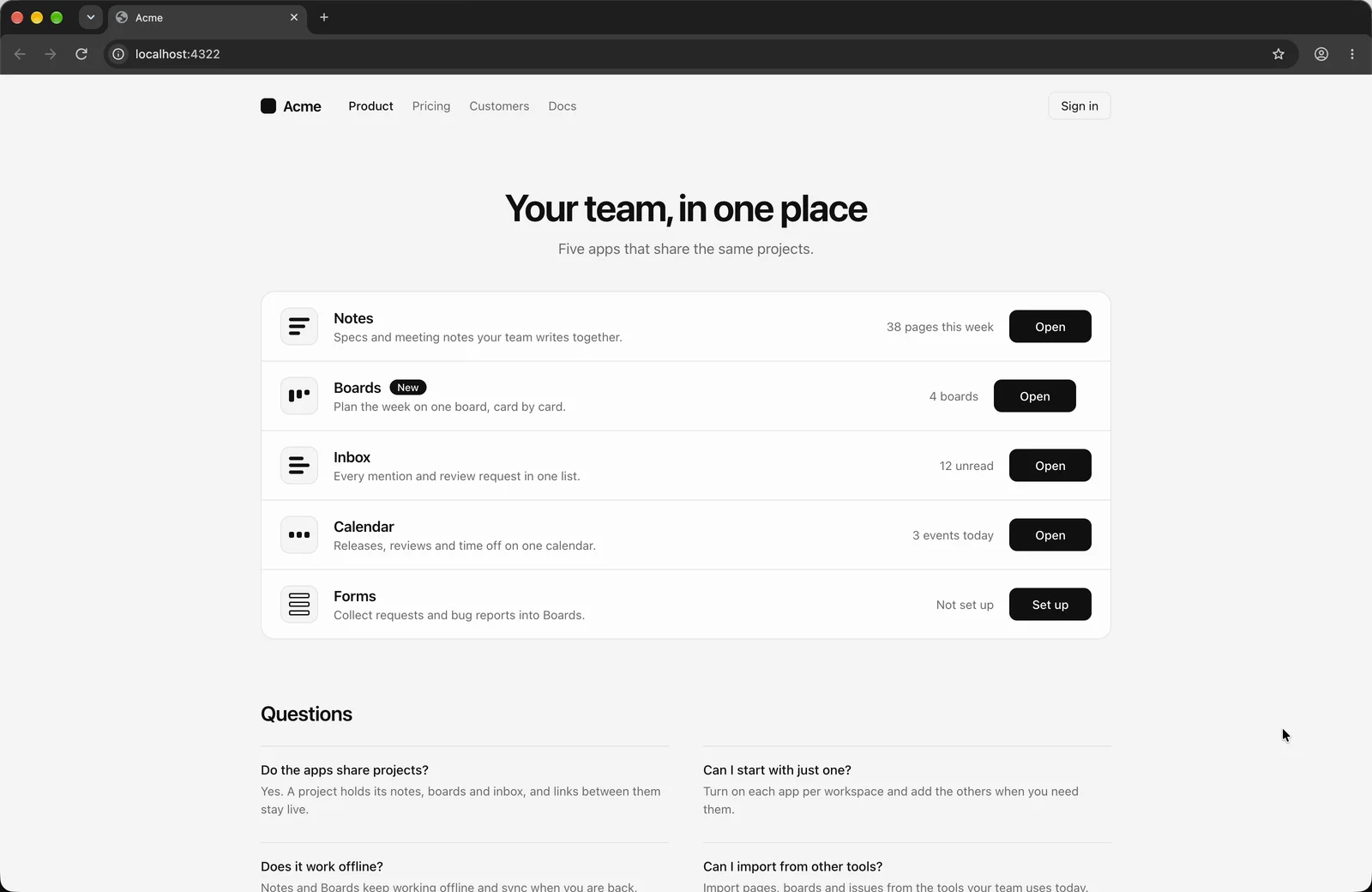 The Acme homepage before: a light page with a centred title, “Your team, in one place”, and a list of five apps.