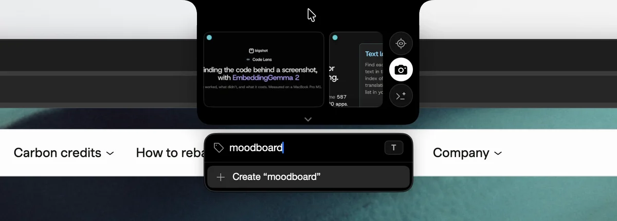 The island's tag picker with “moodboard” typed in and Create “moodboard” below it.